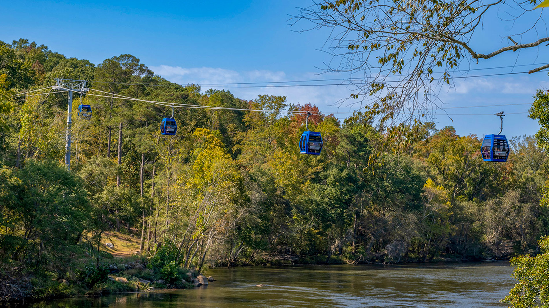 Multiple Leitner-Poma gondola cabins cross the Saluda River at Riverbanks Zoo and Garden, highlighting the Skyride’s role in connecting attractions while reducing on-site vehicle use.
