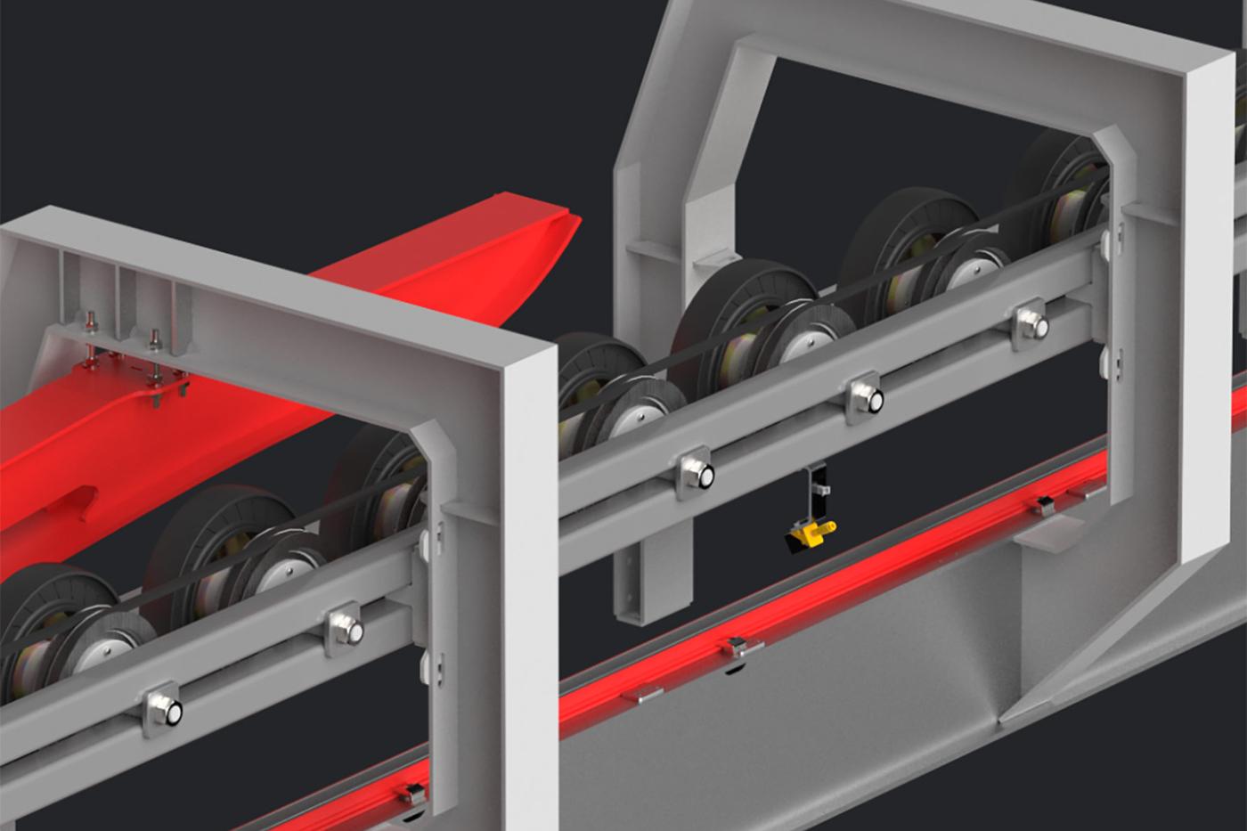 Detailed rendering of a ropeway terminal sheave train within a modular steel frame, showing multiple rollers, cable alignment, and integrated structural components designed for improved efficiency, durability, and simplified maintenance.