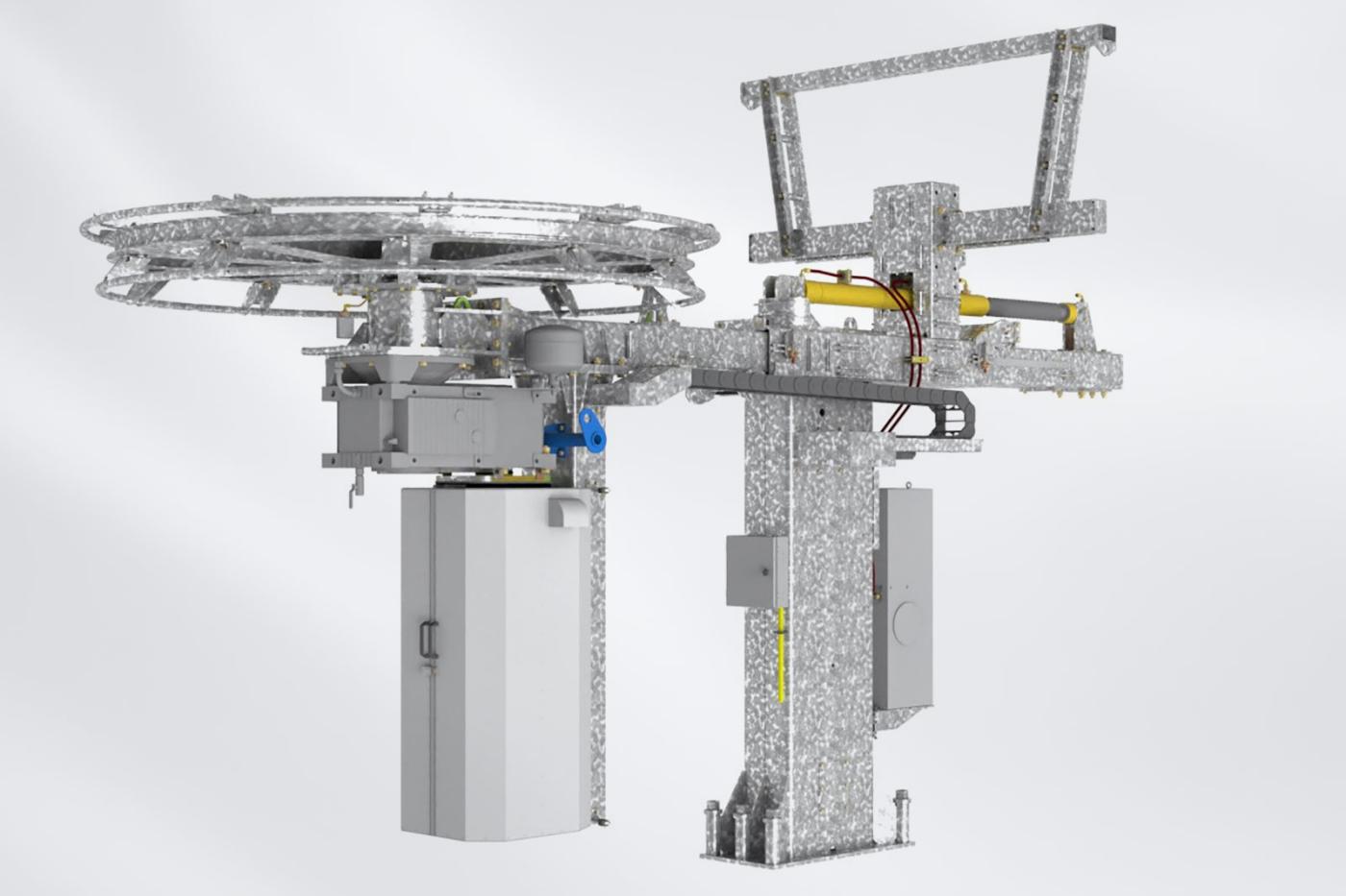 Detailed rendering of a surface lift drive terminal assembly with bullwheel, support structure, and mechanical components, designed for efficient and reliable operation in ski area environments.
